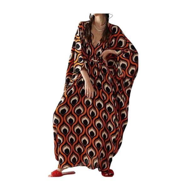 Free People groovy baby orange black geometric maxi kaftan dress SIZE OS - Picture 2 of 7